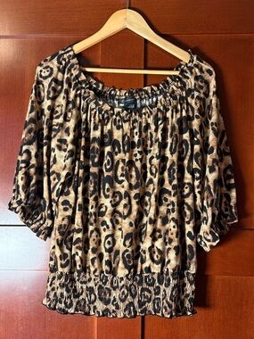 INC International Concepts Brown Leopard Print Blouson Top Size XL